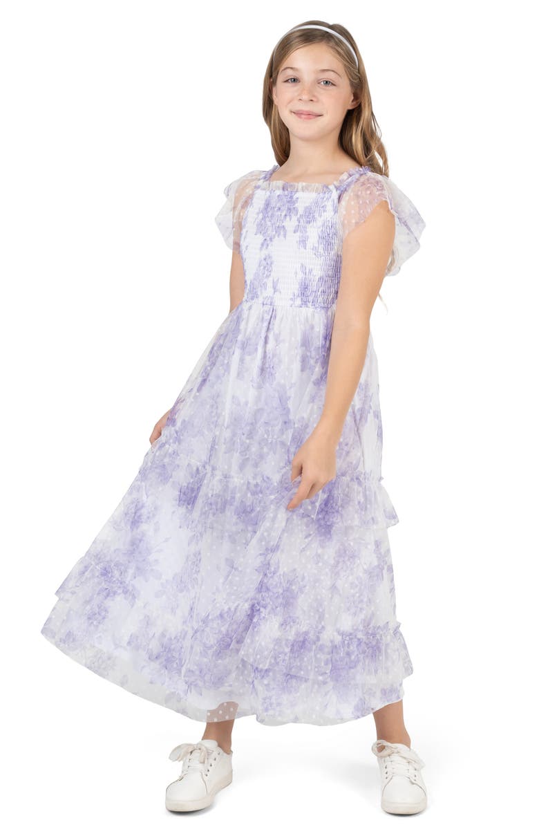 Rare Editions Kids' Smocked Clip Dot Tiered Dress, Alternate, color, Lilac