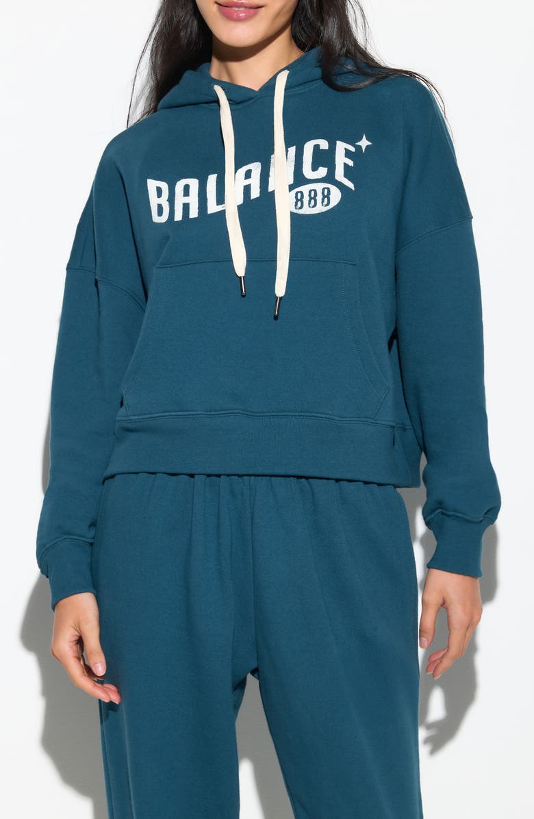 Spiritual Gangster Balance Olsen Crop Graphic Hoodie, Main, color, Midnight Teal