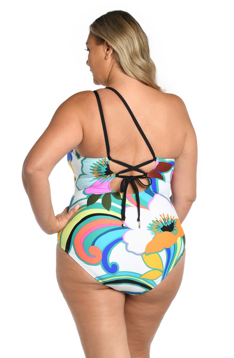 La Blanca Suncatcher One-Shoulder Lace-Up Back One-Piece Swimsuit, Alternate, color, White Floral Multi