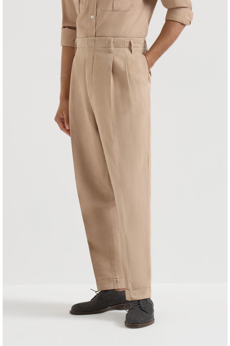 Garment-dyed trousers in cotton and linen canvas with double pleats, Main, color, Tobacco