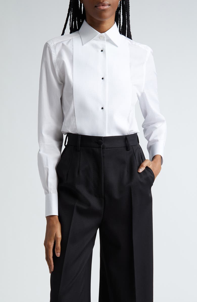 Dolce&Gabbana Piqué Knit Bib Cotton Tuxedo Shirt, Main, color, W0800 Bianco Ottico