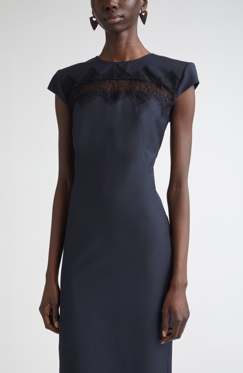 McQueen Day Lace Cutout Wool & Mohair Sheath Dress, Alternate, color, Navy