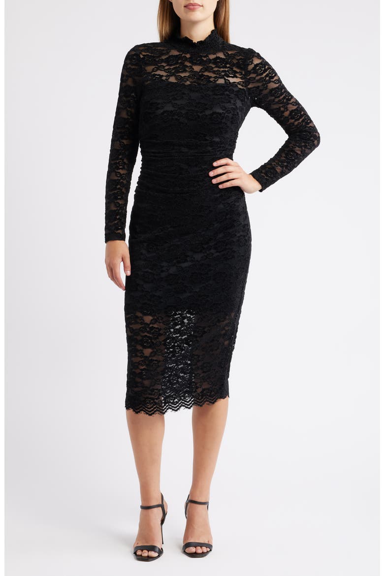 Lace Long Sleeve Body-Con Midi Dress, Main, color, BLACK