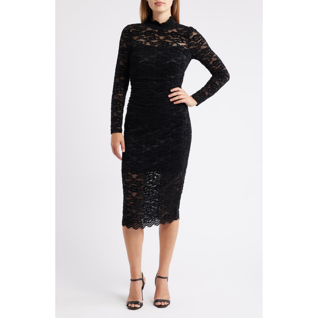 Vince Camuto Lace Long Sleeve Body-con Midi Dress In Black