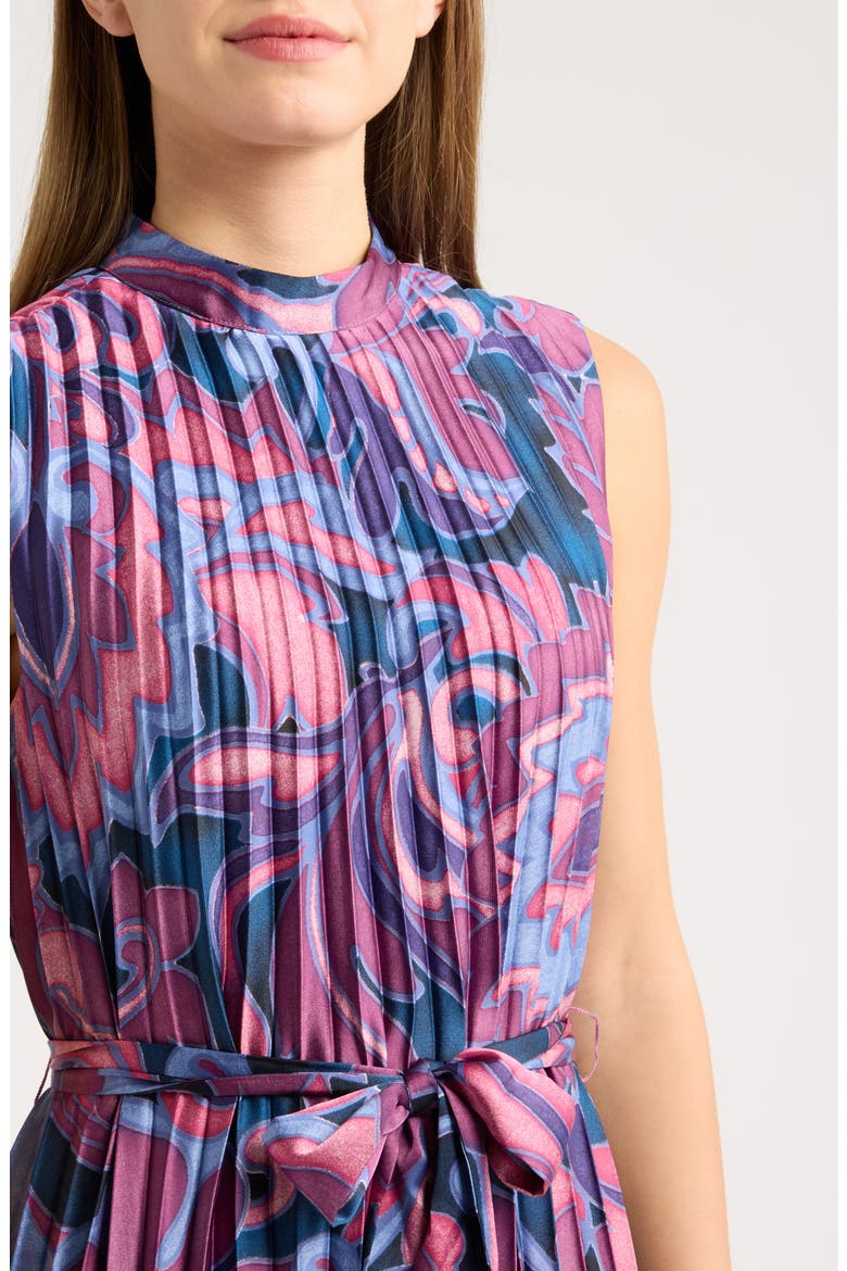 Print Pleated Tie Waist Midi Dress, Alternate, color, MAUVE MULTI