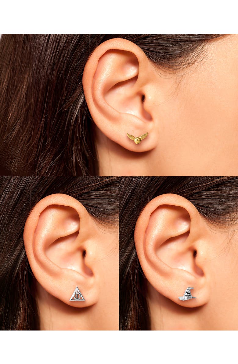 HARRY POTTER Deathly Hallows and Golden Snitch 18k Gold or Silver Flash-Plated Studs, Alternate, color, 