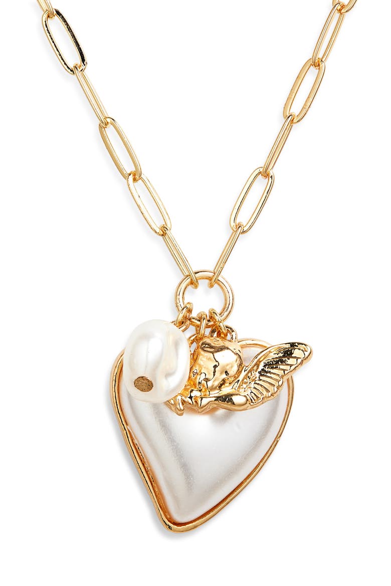 Faux Pearl Heart Pendant Necklace, Main, color, GOLD