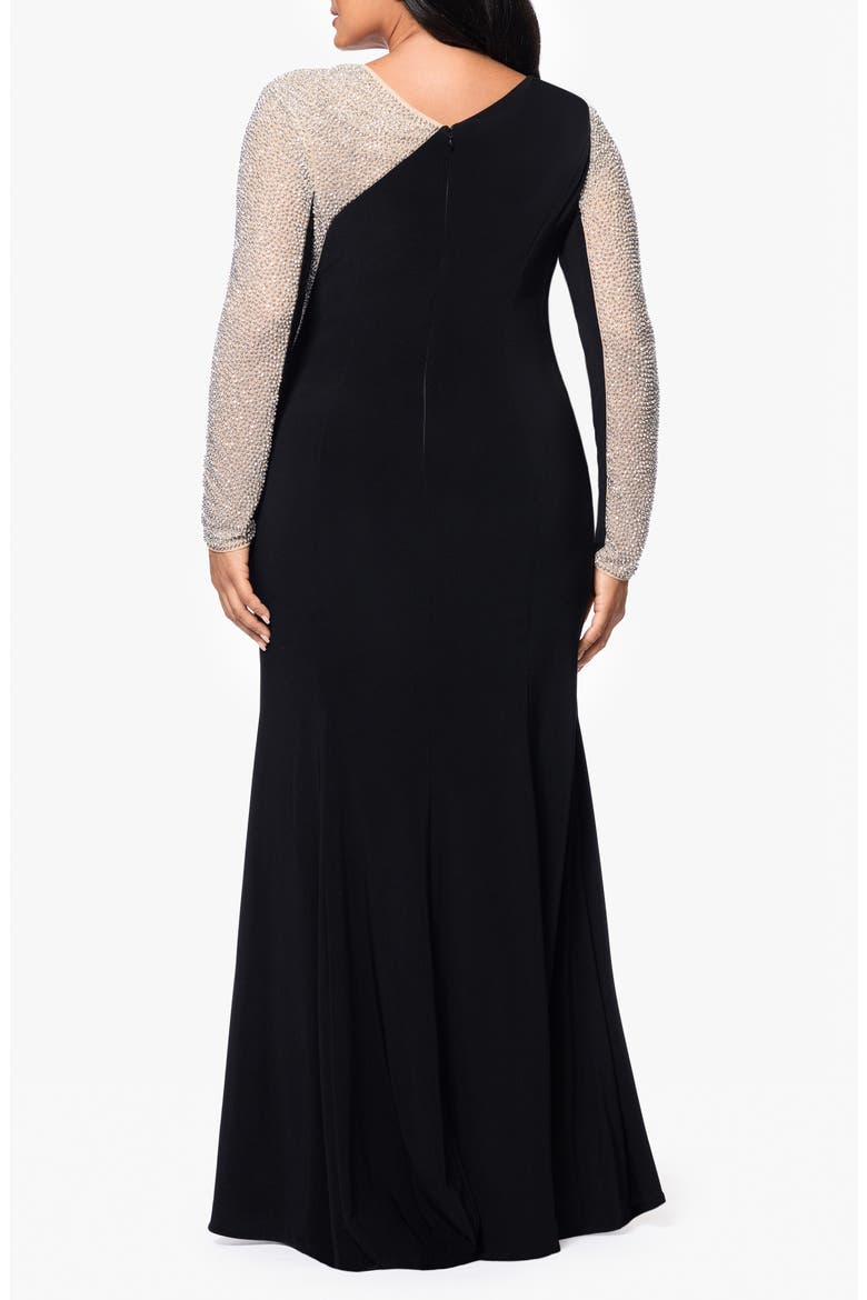 Studded Contrast Long Sleeve Trumpet Gown, Alternate, color, BLACK/ BEIGE/ SILVER