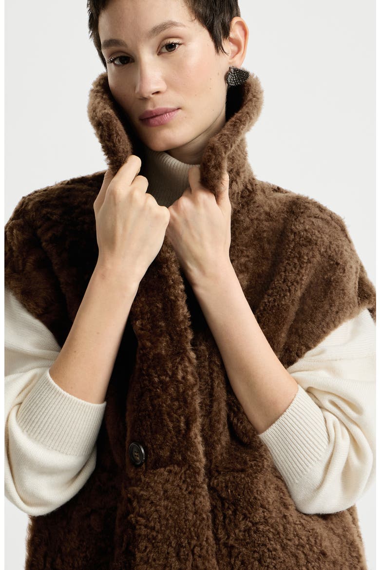 Fuzzy shearling reversible vest with monili, Alternate, color, Chocolate