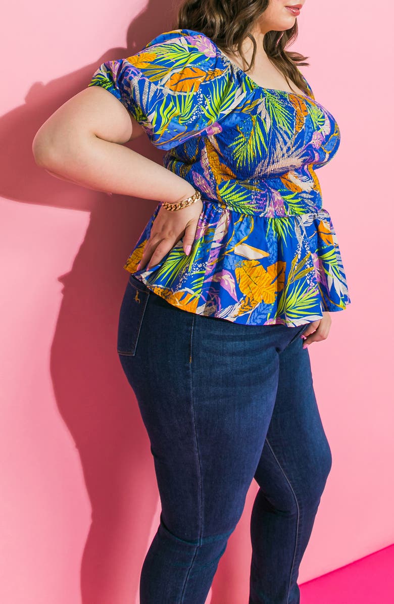 FLYING TOMATO Smocked Puff Sleeve Cotton Poplin Top, Alternate, color, Blue