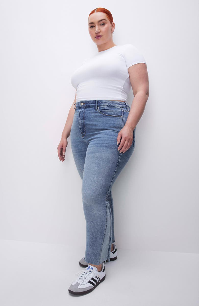 Good American Good Curve Pieced Raw Hem High Waist Ankle Straight Leg Jeans, Alternate, color,
