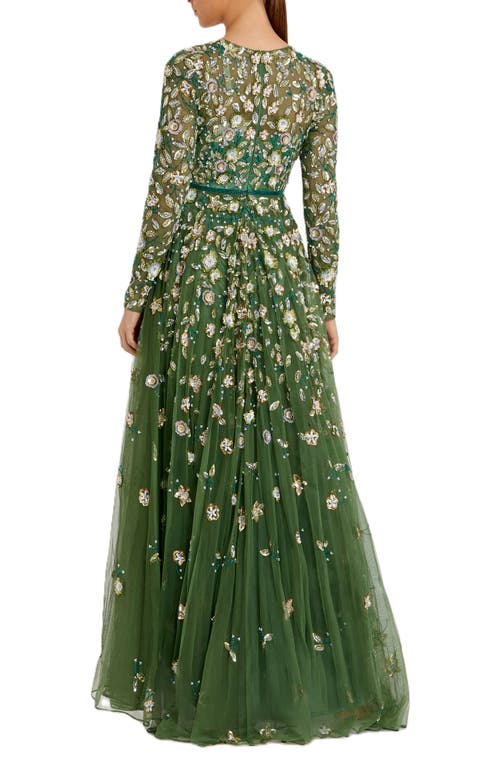 Shop Mac Duggal Floral Appliqué Long Sleeve Illusion Gown In Sage