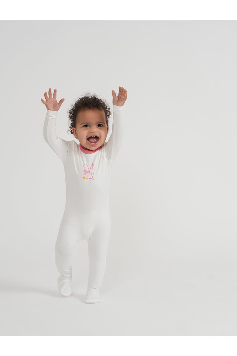 Surfing Sunday Penguin Long Sleeve Covered Feet Romper, Alternate, color, Off White/Pink