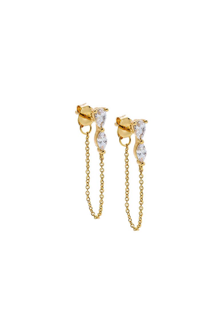 Double Pear CZ Chain Front Back Stud Earring, Main, color, Gold