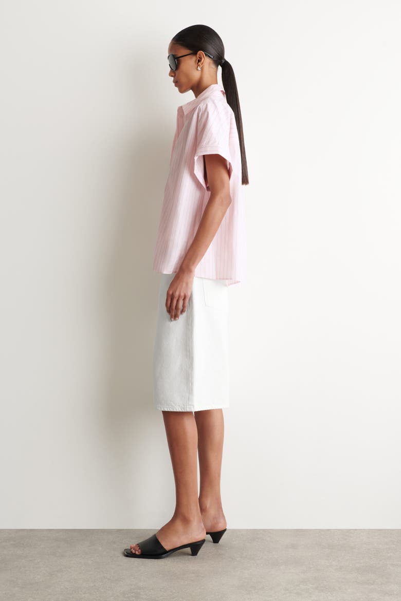 Striped Short-sleeved Cotton Shirt, Alternate, color, PINK / STRIPED