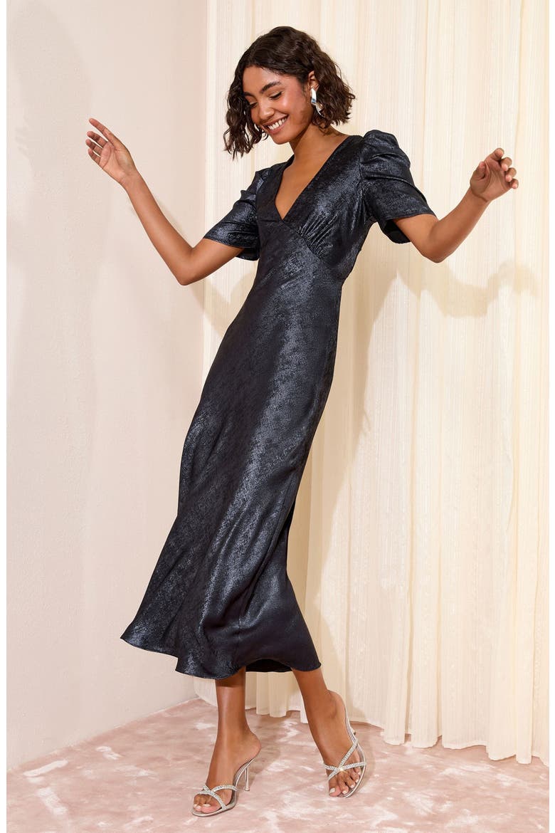 Foil Puff Sleeve Midi Cocktail Dress, Alternate, color, BLUE