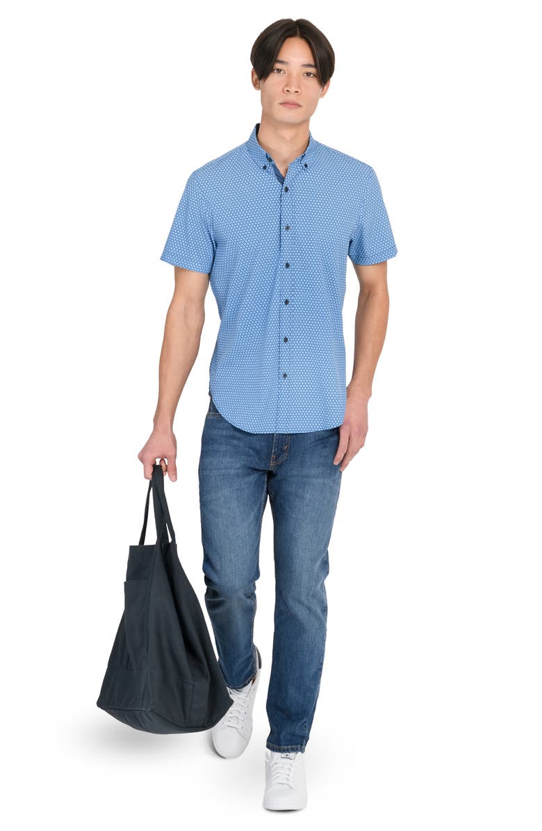 CONSTRUCT Flower Geo Short Sleeve Woven Button Down Shirt, Alternate, color, Blue