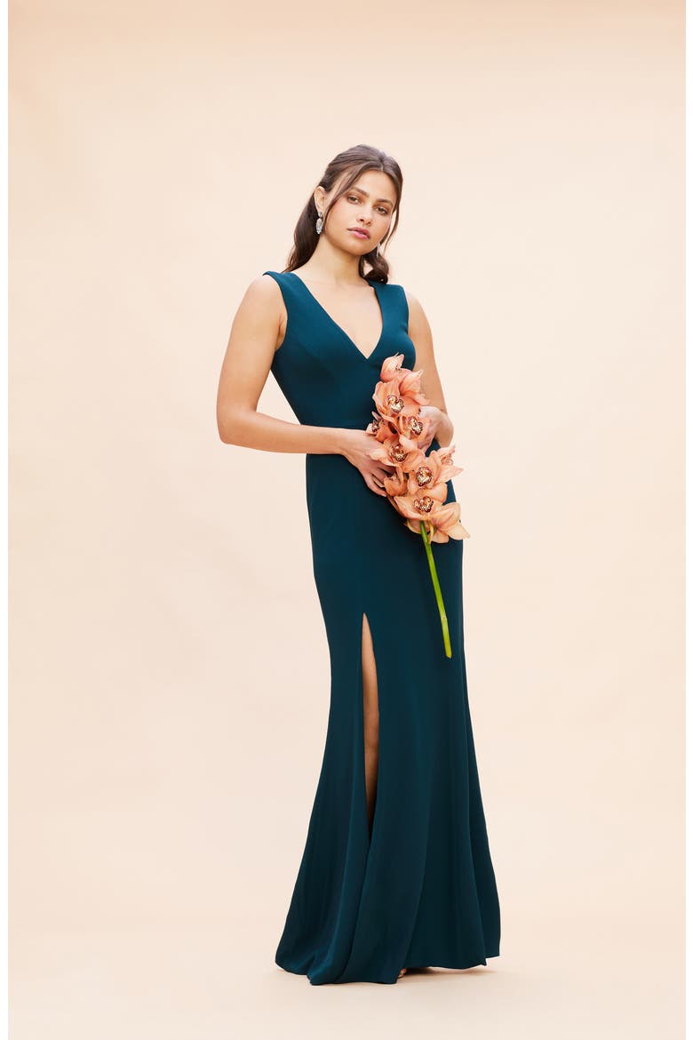 Sandra Plunge Crepe Trumpet Gown, Alternate, color, PINE