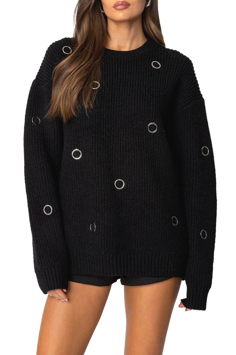 Ellia Grommet Oversize Sweater, Main, color, BLACK