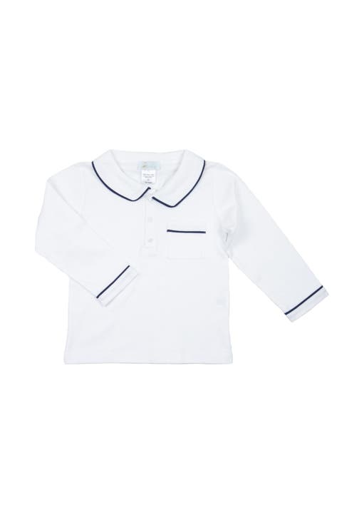 Boys White Pima Polo With Navy Piping