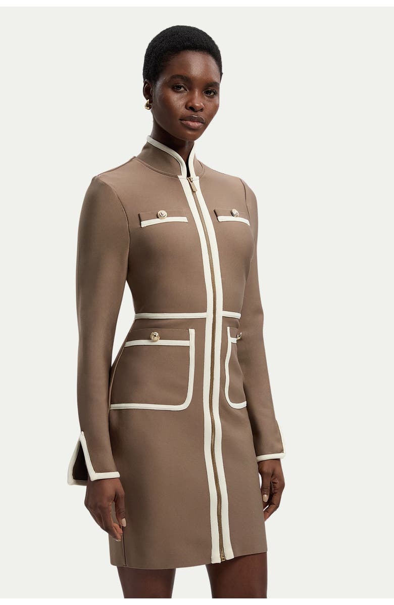 Karen Millen Bandage Military Piping Mini Dress, Main, color, Taupe