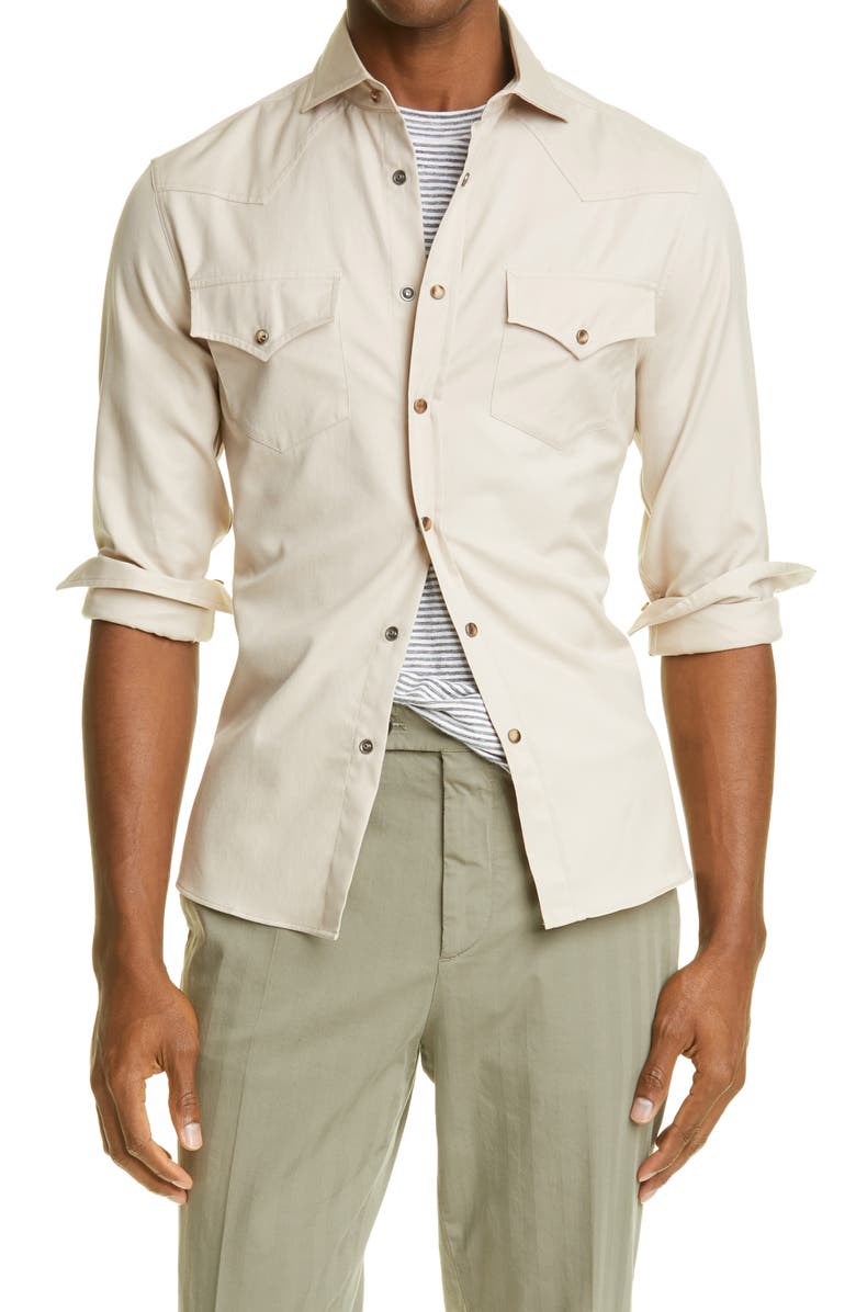 Brunello Cucinelli Leisure Fit Cotton Twill Western Shirt, Main, color, 