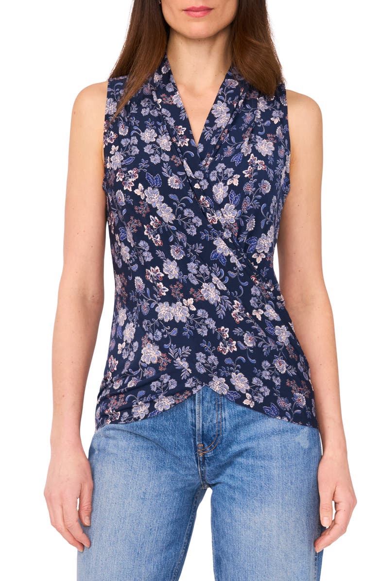 Vince Camuto Floral Surplice V-Neck Sleeveless Jersey Top, Main, color, French Blue