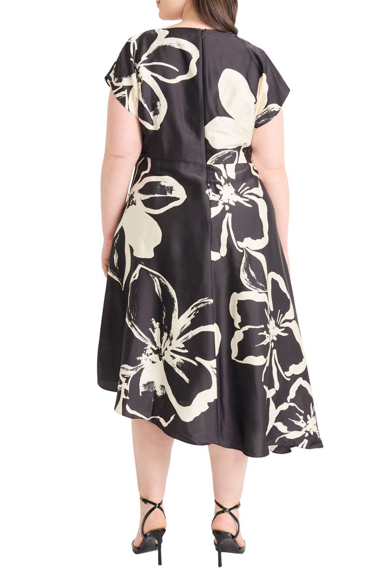 Floral Short Sleeve Asymmetric Hem Midi Dress, Alternate, color, BLACK/ CREAM