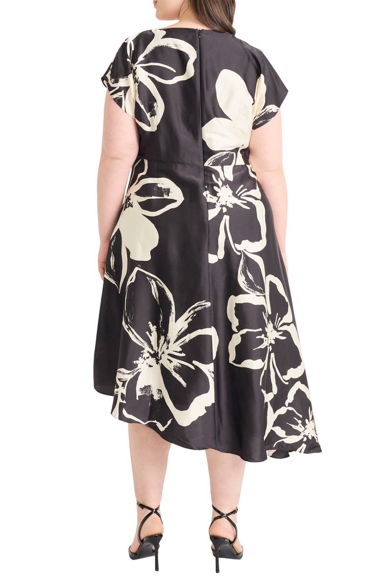 Maggy London Floral Short Sleeve Asymmetric Hem Midi Dress, Alternate, color, Black/ Cream