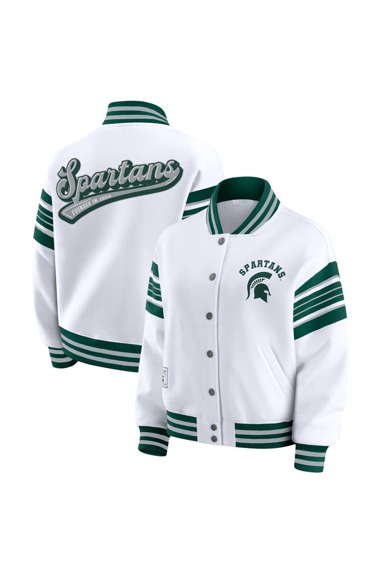 Women's WEAR by Erin Andrews White/Green Michigan State Spartans Satin Stitch Full-Snap Fleece Sweatshirt Jacket, Main, color, White