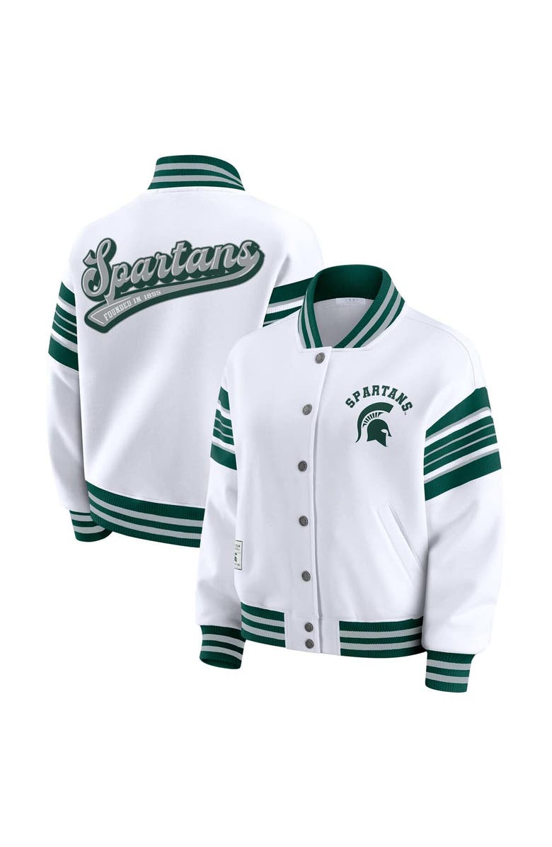 WEAR by Erin Andrews Women's WEAR by Erin Andrews White/Green Michigan State Spartans Satin Stitch Full-Snap Fleece Sweatshirt Jacket, Main, color, White