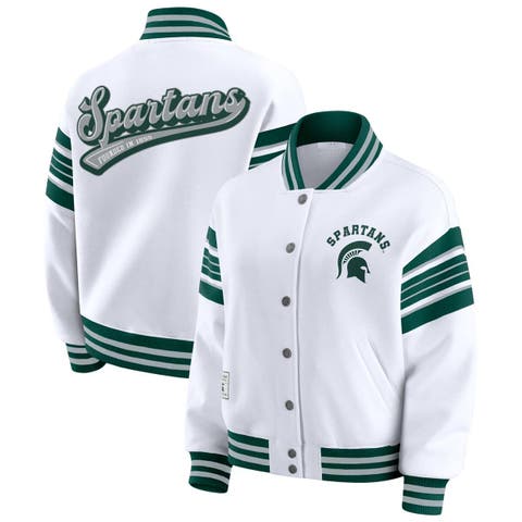 Women's WEAR by Erin Andrews White/Green Michigan State Spartans Satin Stitch Full-Snap Fleece Sweatshirt Jacket