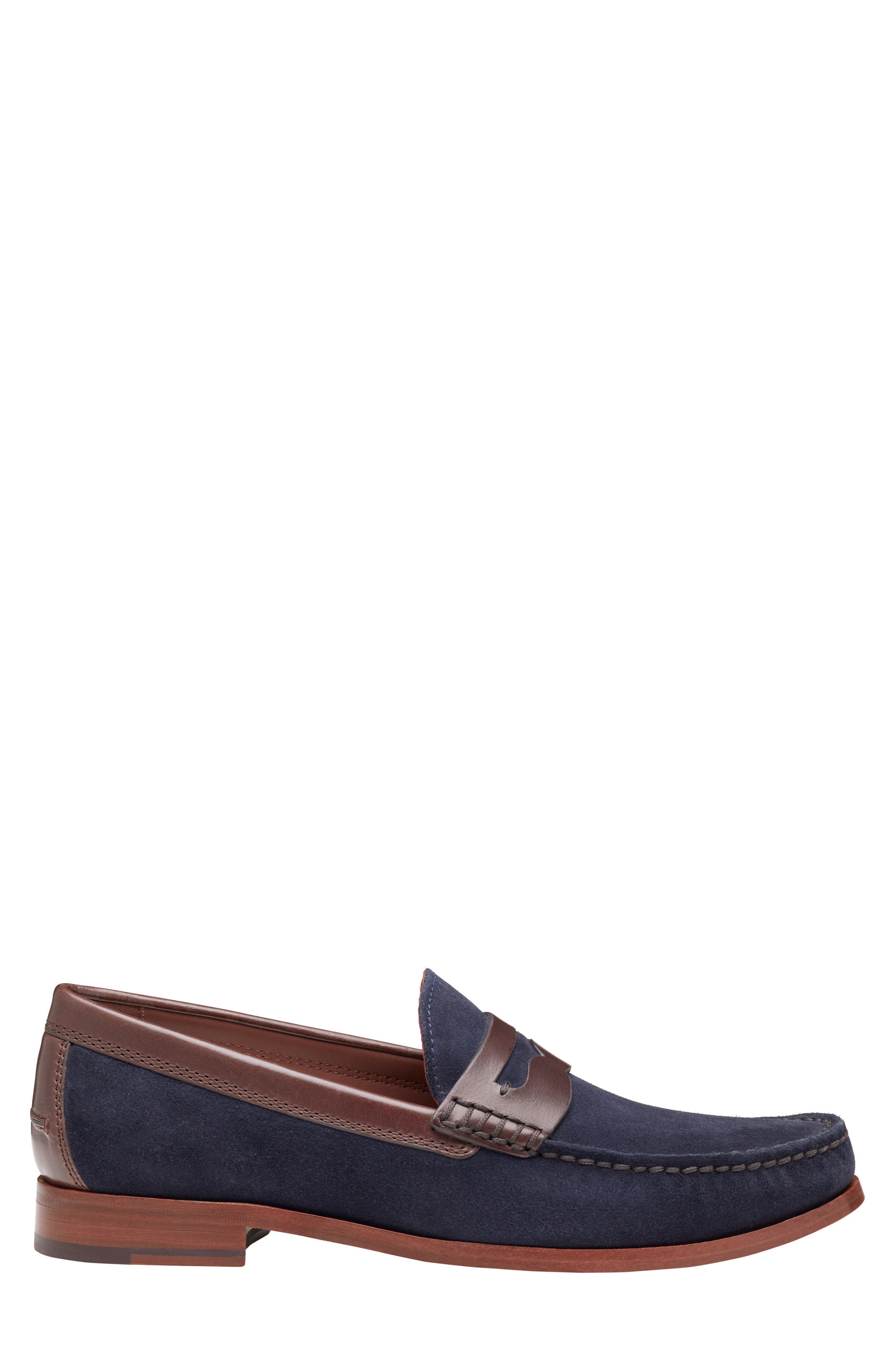 Baldwin Penny Loafer, Alternate, color, NAVY WAXED ENGLISH SUEDE/BROWN FULL GRAIN