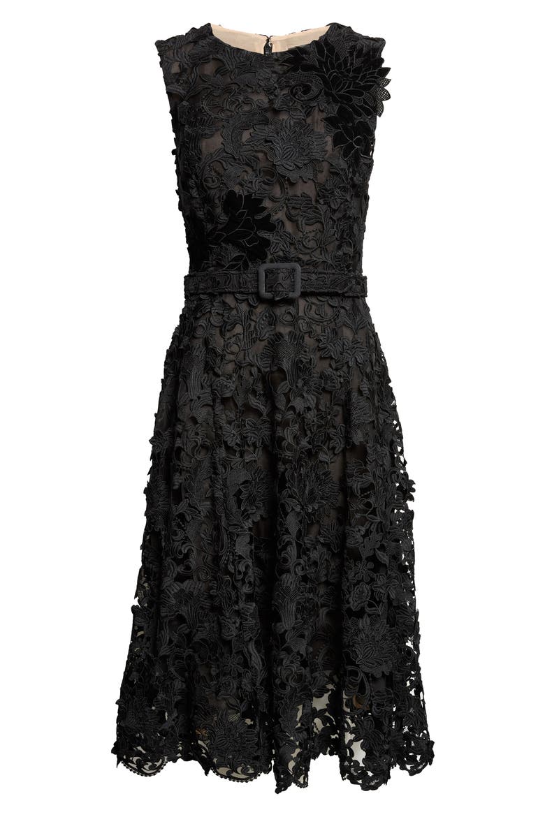 Feather Scroll Guipure Midi Dress, Main, color, BLACK
