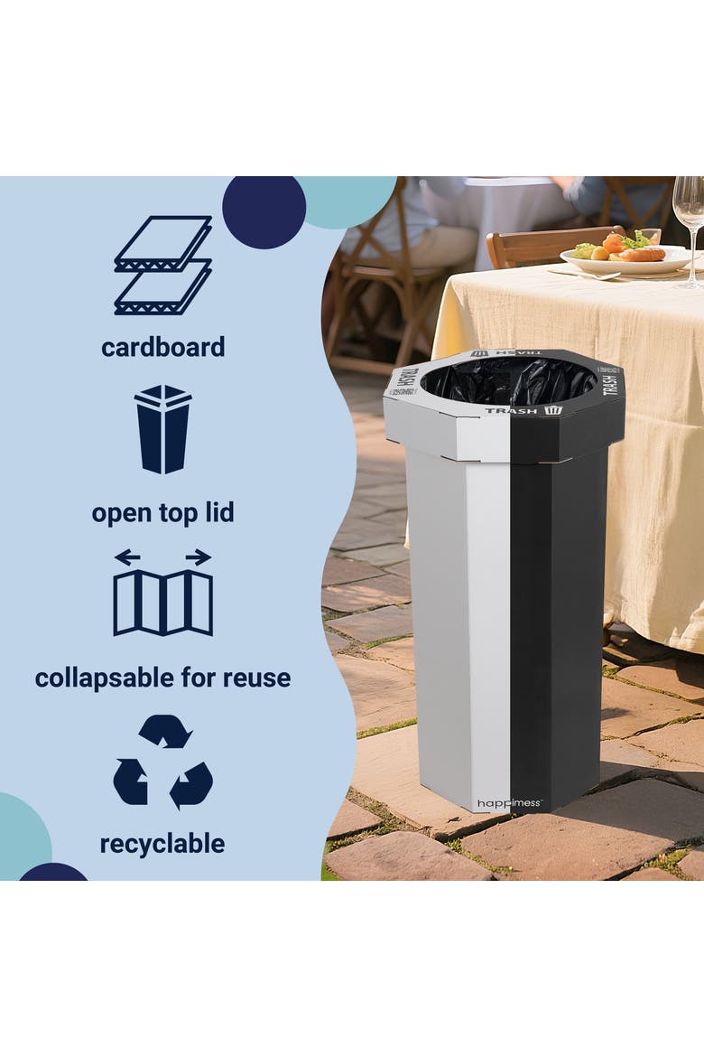 Fleur Traditional Classic Disposable Corrugated Cardboard Event Trash Can and Recycling Bin, Alternate, color, Black Cotton White