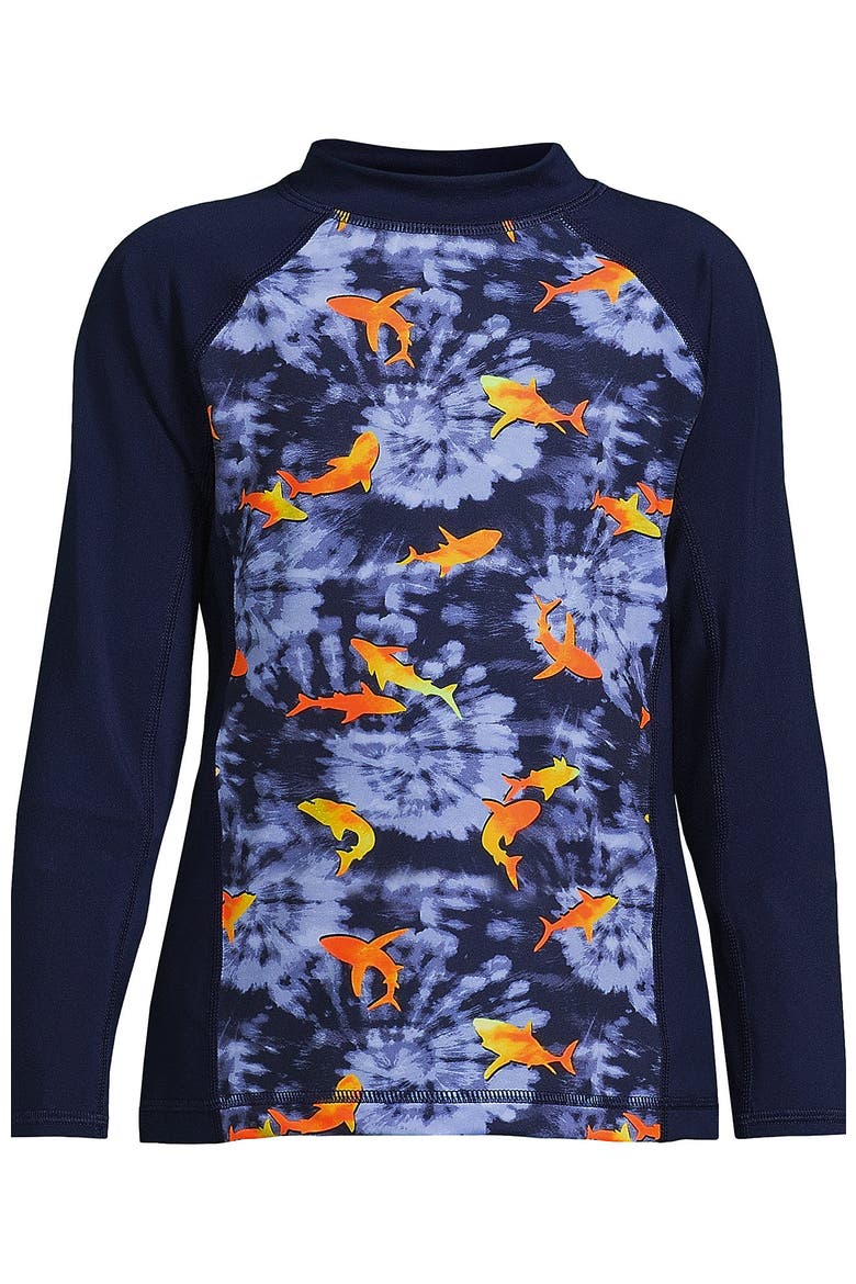 Boys Long Sleeve UPF 50 Sun Protection Rash Guard, Alternate, color, Deep Sea Navy Tie Dye Sharks