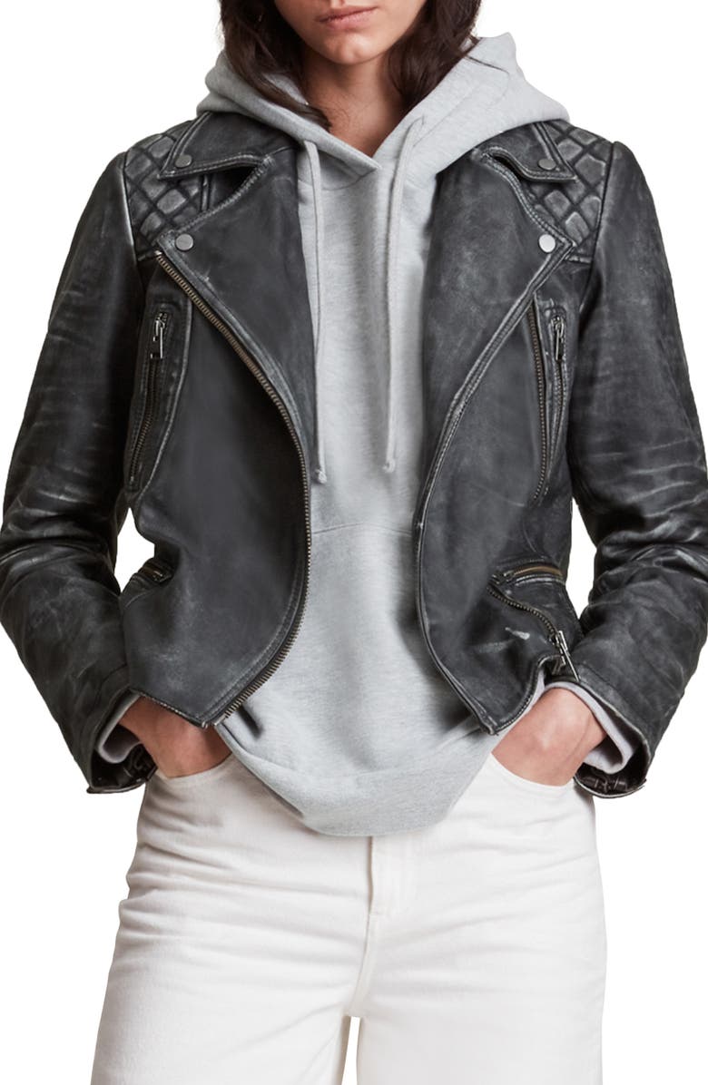 AllSaints Cargo Leather Biker Jacket, Main, color, 
