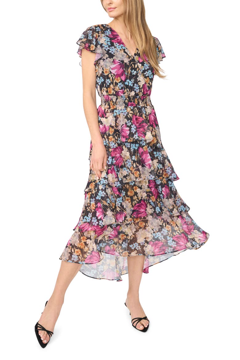 Floral Ruffle Chiffon Midi Dress, Main, color, RICH BLACK
