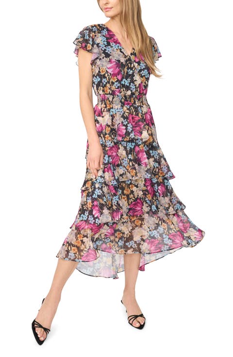 Floral Ruffle Chiffon Midi Dress
