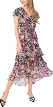 Halogen® Floral Ruffle Chiffon Midi Dress