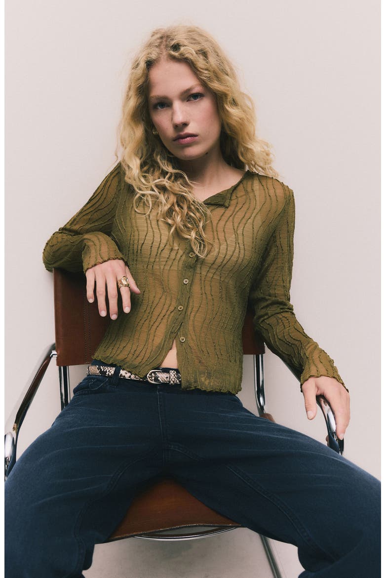 Wavy Pintuck Pleat Mesh Button-Up Top, Alternate, color, GREEN