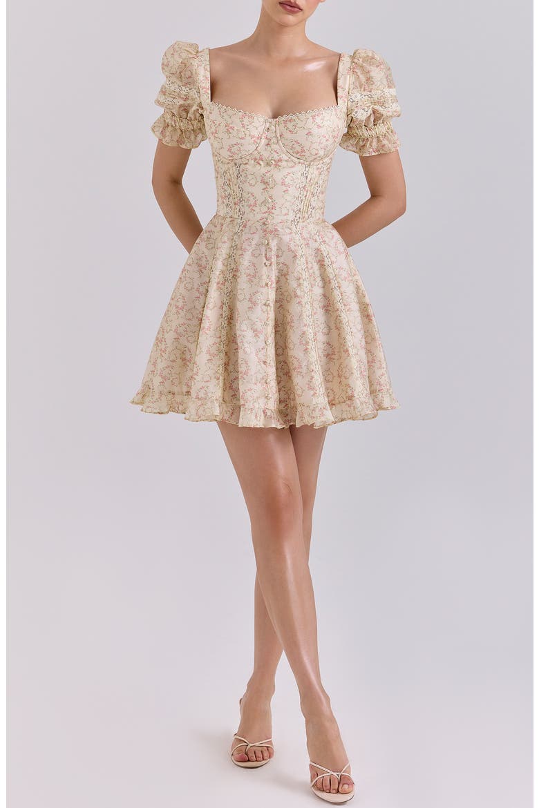Melita Corset Cocktail Minidress, Main, color, VINTAGE FLORAL SPIRAL CREAM