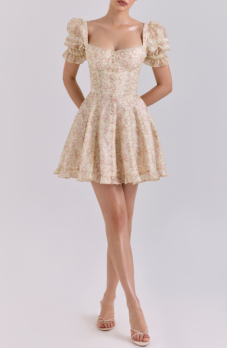 HOUSE OF CB Melita Corset Cocktail Minidress, Main, color, Vintage Floral Spiral Cream