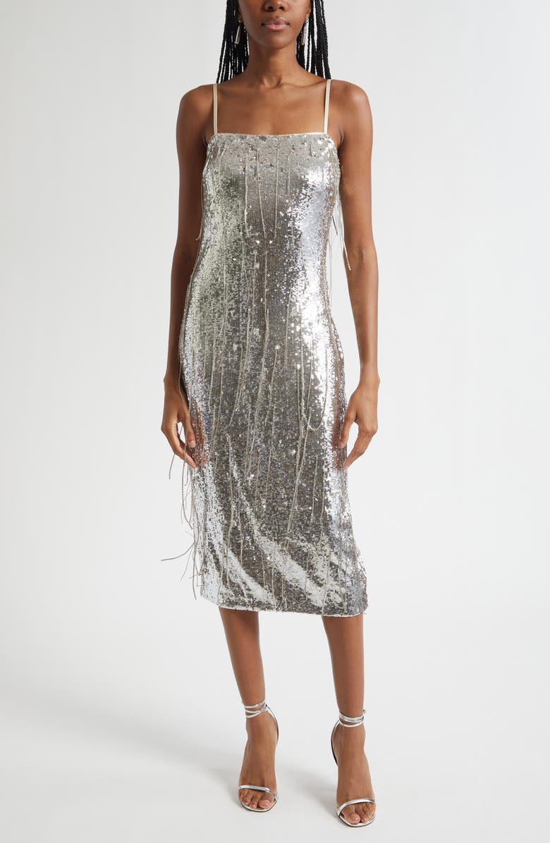 Ramy Brook Lyanna Sequin Fringe Slipdress, Main, color, Platinum Sequin Fringe