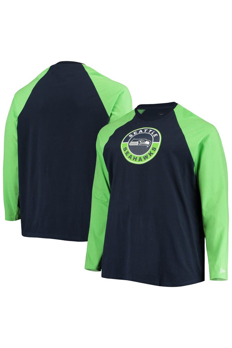 Men's New Era College Navy/Neon Green Seattle Seahawks Big & Tall League Raglan Long Sleeve T-Shirt, Main, color, Navy