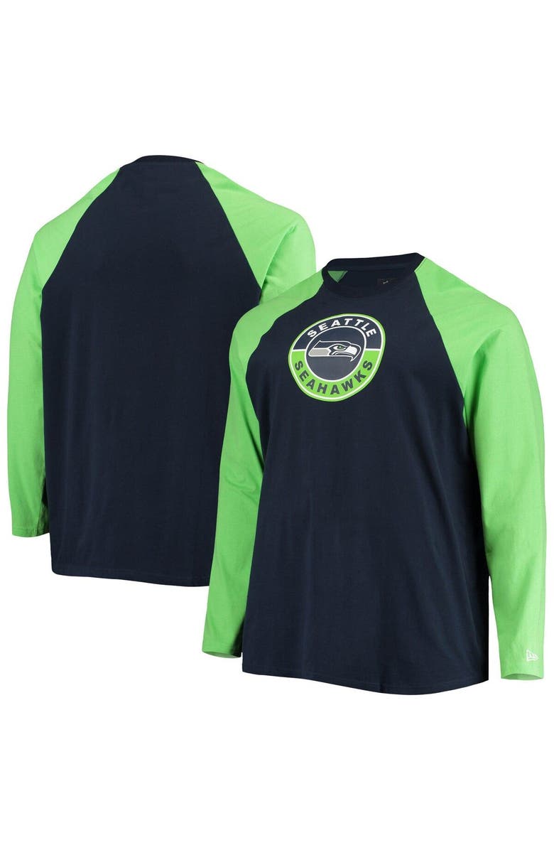New Era Men's New Era College Navy/Neon Green Seattle Seahawks Big & Tall League Raglan Long Sleeve T-Shirt, Main, color, 