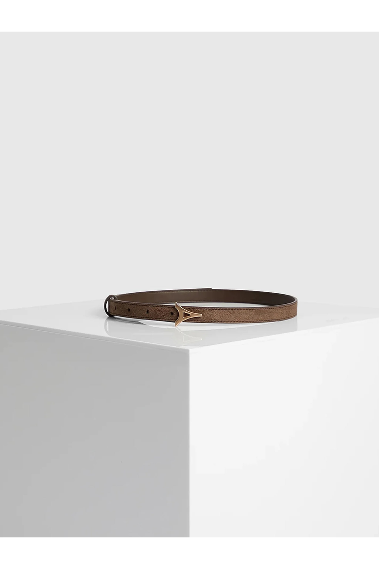 Leonie Slim Suede Belt With Gold Hardware, Alternate, color, Brown