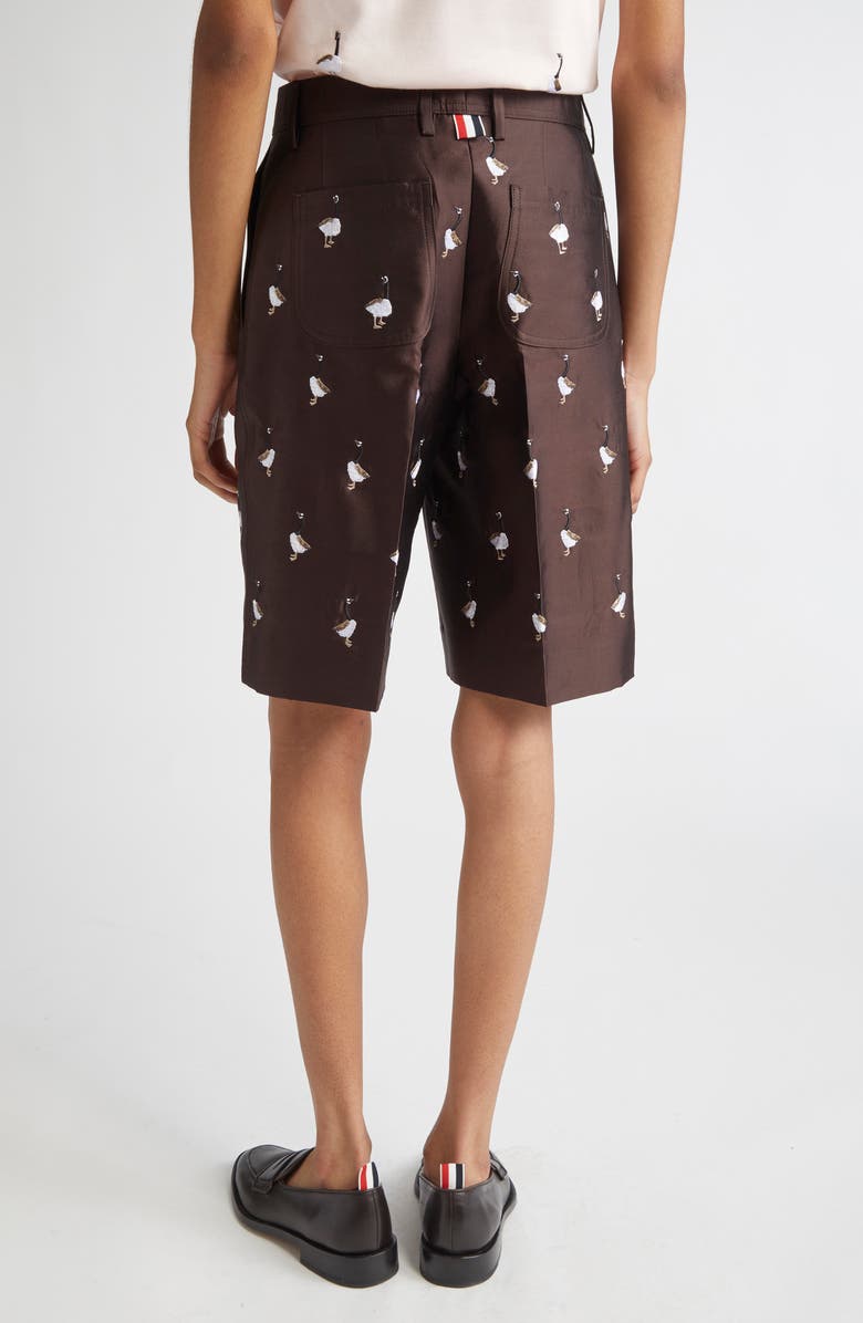 Thom Browne Geese Embroidered Twill Wide Leg Shorts, Alternate, color, Brown