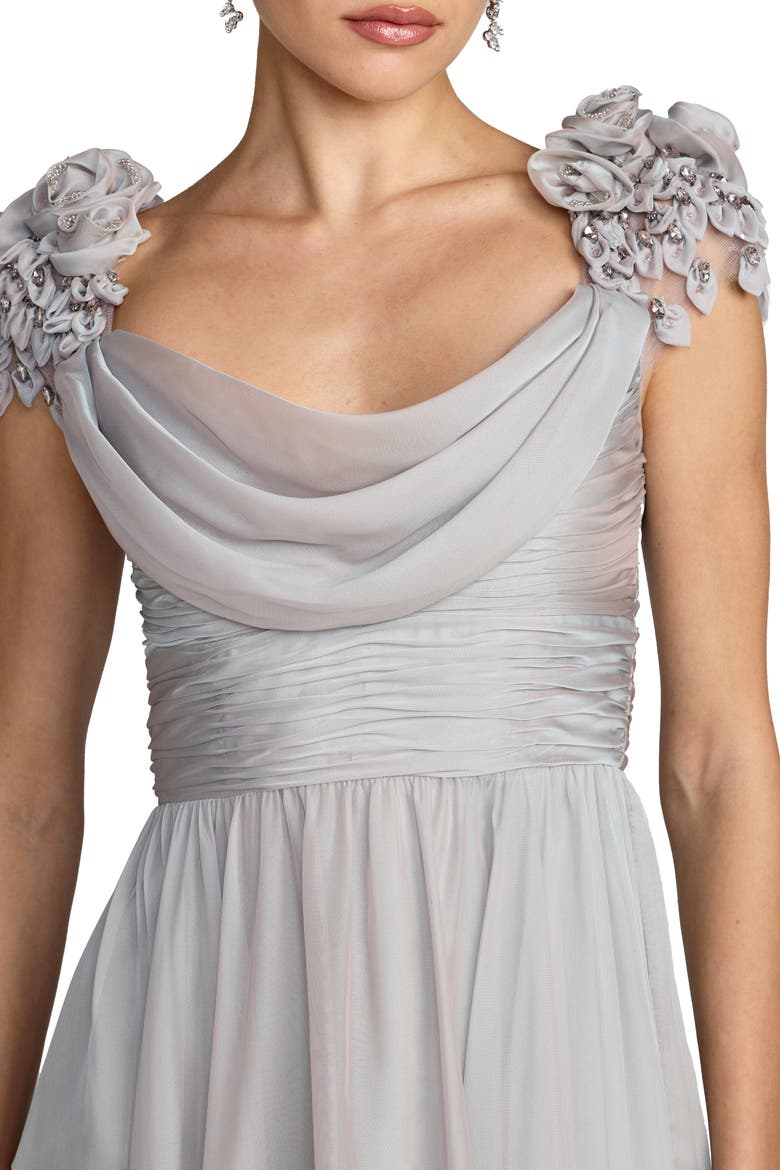 Chiffon Cowl Neck Embellished Cap Sleeve Gown, Alternate, color, Platinum