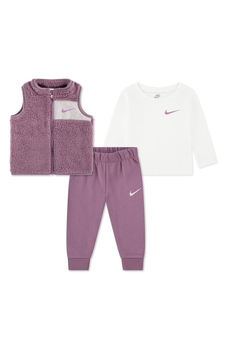 Nike Fleece Vest, Graphic T-Shirt & Joggers Set, Main, color, Plum Dust